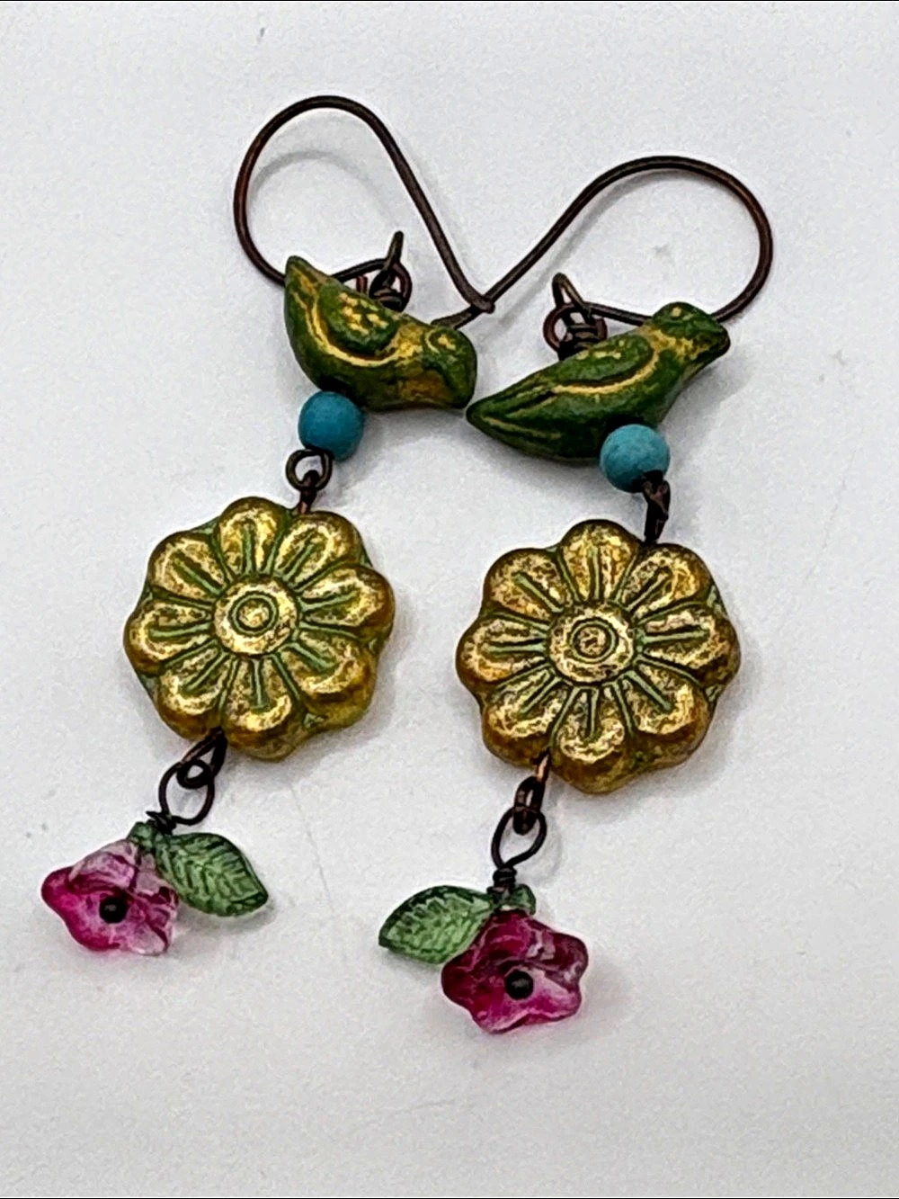 Vintage Fairytale Czech Green Floral Bird Dangle Earrings
